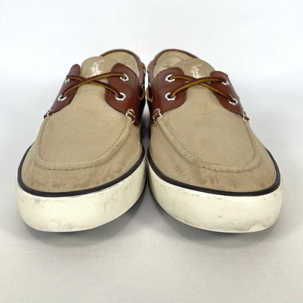 Polo Ralph Lauren Rylander Boat Shoes Beige Canvas Leather Mens 12D